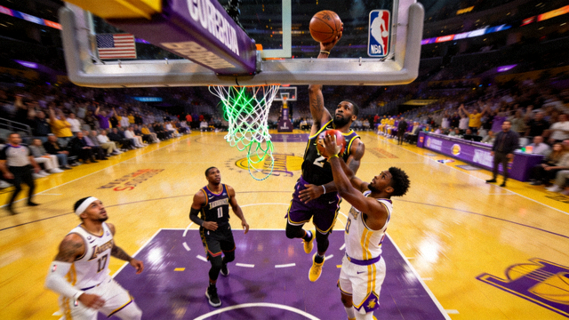 NBA比赛直播画面，球员完成空中接力扣篮