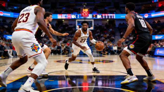 NBA赛事直播画面，球员在罚球线附近组织进攻