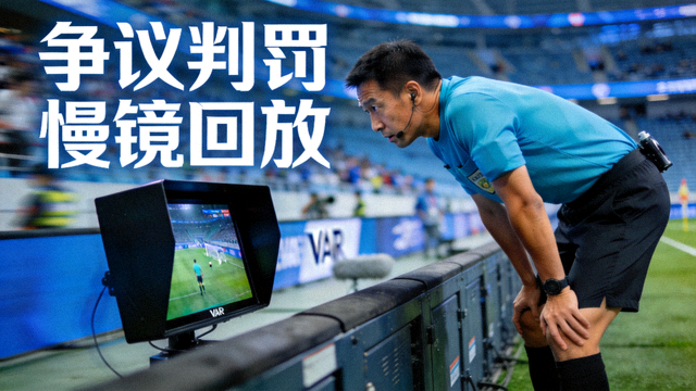 争议判罚慢镜回放封面，主裁判在场边观看VAR回放